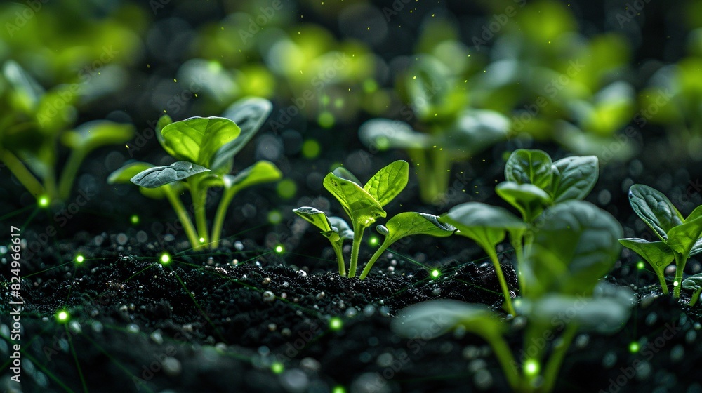 Close-up of vibrant green seedlings sprouting from rich, dark soil, illuminated by natural sunlight, representing growth and nature's beauty. Close-up of vibrant green seedlings sprouting from rich, dark soil, illuminated by natural sunlight, representing growth and nature's beauty.