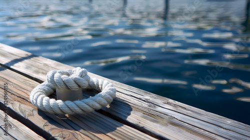 Boat Rope Secured To Cleat On Wooden Dock , generative ai