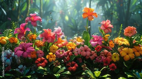Tropical Forest, A variety of tropical flowers in full bloom, with insects buzzing around the petals, capturing the dynamic life of the forest. Realistic Photo, © DARIKA