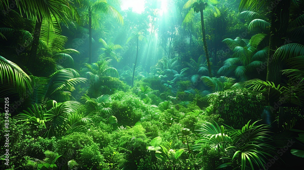 Tropical Forest, A wide shot of a tropical forest with tall trees, thick underbrush, and a variety of plants, creating a lush and humid environment. Realistic Photo, Tropical Forest, A wide shot of a tropical forest with tall trees, thick underbrush, and a variety of plants, creating a lush and humid environment. Realistic Photo,