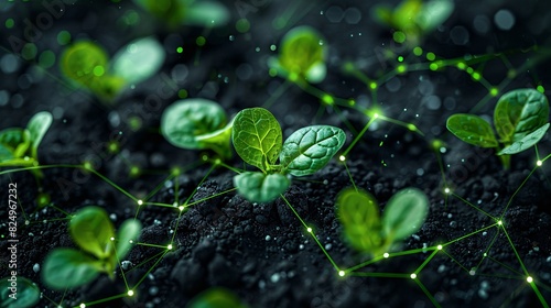 Close-up of young green plant sprouts in the soil with a digital network overlay, symbolizing technology in agriculture.