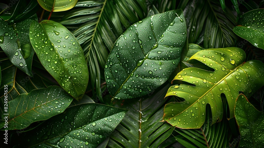Fototapeta premium Tropical Forest, Close-up of tropical leaves with intricate patterns and textures, glistening with morning dew in the humid forest environment. Realistic Photo,
