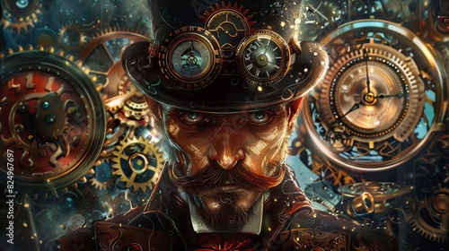 enigmatic steampunk gentleman wearing a top hat surrounded by gears and clockwork digital painting