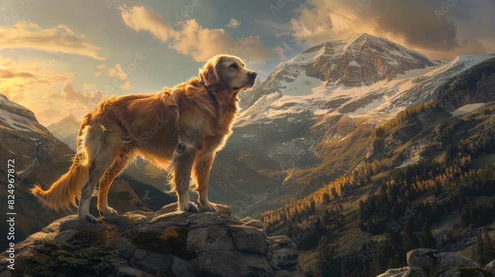 A golden retriever, bathed in the golden hues of sunset, stands majestically on a rocky cliff, overlooking a vast valley dotted with snow-capped peaks. A golden retriever, bathed in the golden hues of sunset, stands majestically on a rocky cliff, overlooking a vast valley dotted with snow-capped peaks.