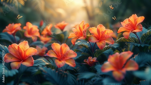 Tropical Forest, Detailed image of tropical flowers with insects pollinating the petals, capturing the dynamic life of the forest. Realistic Photo,