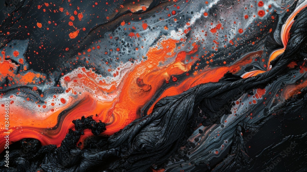 A painting on a black background depicting a flowing lava stream in black and orange colors A painting on a black background depicting a flowing lava stream in black and orange colors