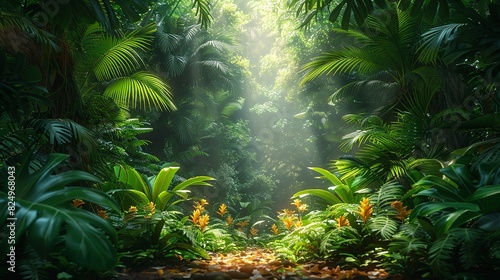Tropical Forest, Detailed shot of tropical leaves and undergrowth, with sunlight filtering through the canopy, casting dappled light on the forest floor. Realistic Photo,