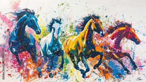equine explosion colorful galloping horses in abstract acrylic paint splatter capturing dynamic motion and energy abstract painting photo