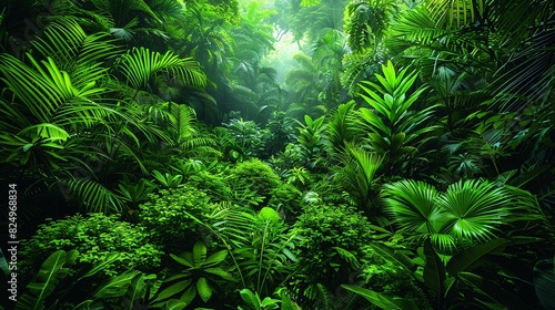 Tropical Forest  Wide shot of the dense underbrush in a tropical forest  with various plants  bushes  and trees creating a rich tapestry of greenery. Realistic Photo 