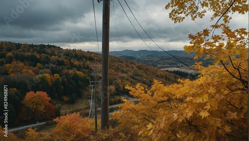 A scenic autumn landscape with rolling hills covered in colorful fall tree