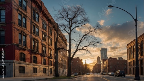 A city street lined with towering buildings and lush trees under a colorful sunset sky