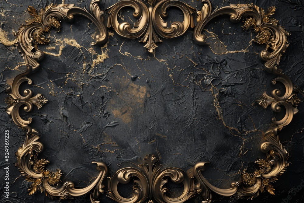 Elegant black background adorned with luxury gold swirls and ornate border Elegant black background adorned with luxury gold swirls and ornate border