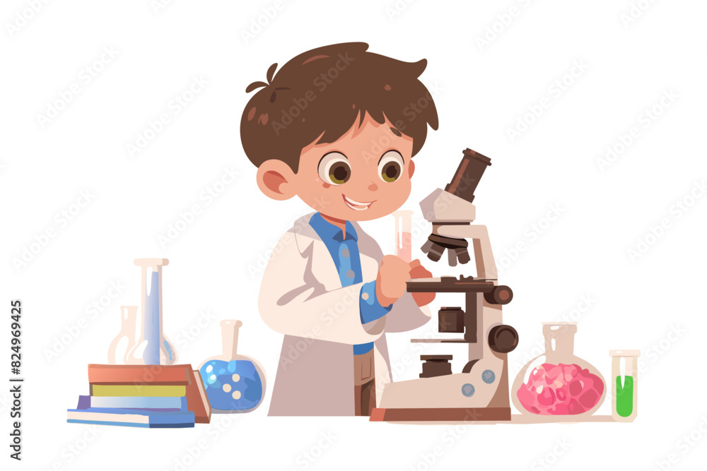 Child with microscope and flask in laboratory, boy study chemistry science. Experiment and research process on school lesson. Chemistry flasks and cognitive curiosity. Flat vector illustration Child with microscope and flask in laboratory, boy study chemistry science. Experiment and research process on school lesson. Chemistry flasks and cognitive curiosity. Flat vector illustration
