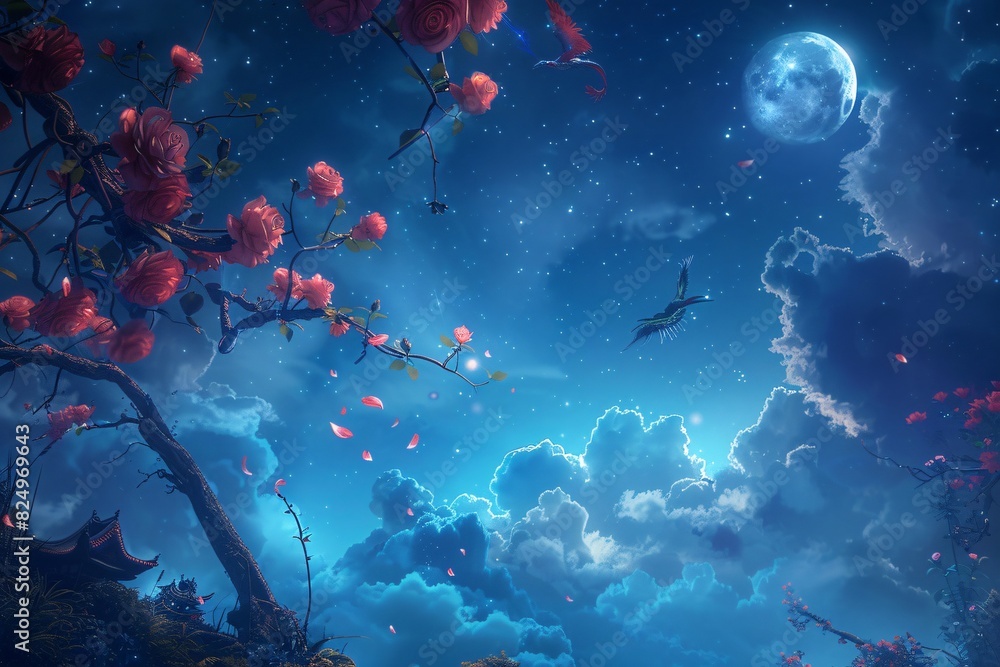 Starry Sky Roses with Crescent Moon, Enchanting Wallpaper Concept of Nighttime Beauty Starry Sky Roses with Crescent Moon, Enchanting Wallpaper Concept of Nighttime Beauty