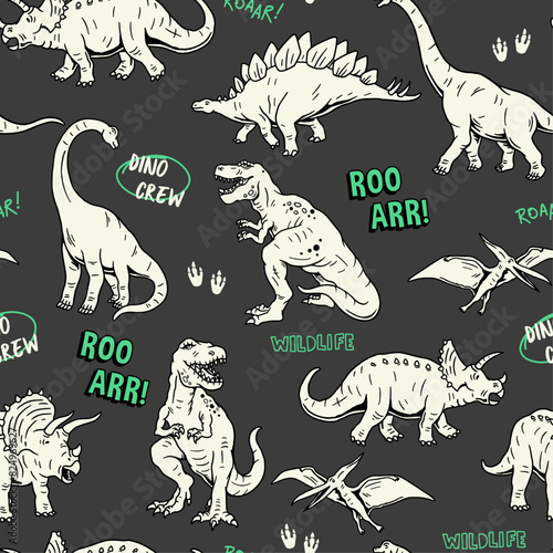 Dinosaur seamless pattern. Hand-drawn vector dinosaurs with background view. Pattern with Tyrannosaurus Rex, Stegosaurus, Brachiosaurus, Triceratops, and Pterodactyl cartoons.