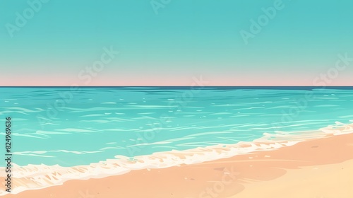Create a vector graphic of a beach scene with a gradient sea, transitioning from shallow turquoise waters to deep blue ocean