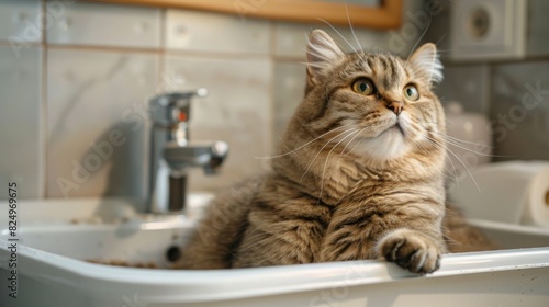 An overweight cat scratching at the litter in its box, preparing a spot, with a bathroom sink and mirror in the background.