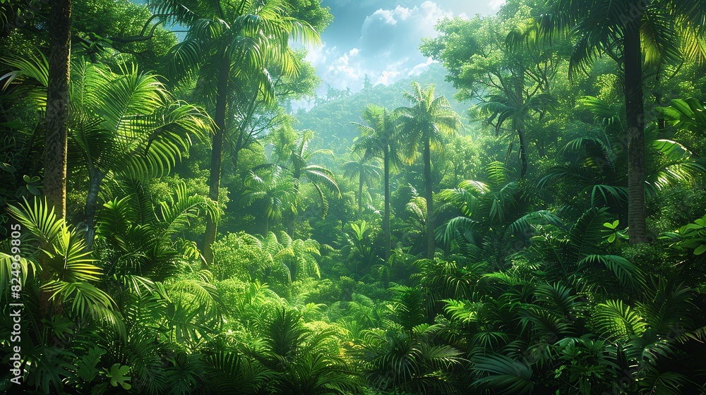 Tropical Forest, A wide shot of a tropical forest with tall trees, thick underbrush, and a variety of plants, creating a lush and humid environment. Realistic Photo, Tropical Forest, A wide shot of a tropical forest with tall trees, thick underbrush, and a variety of plants, creating a lush and humid environment. Realistic Photo,