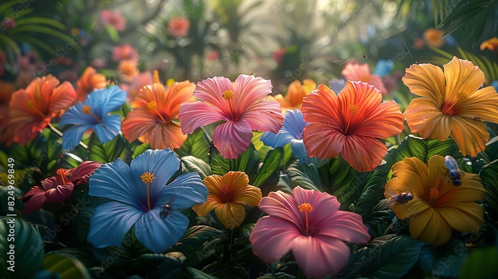 Naklejka premium Tropical Forest, A variety of tropical flowers in full bloom, with insects buzzing around the petals, capturing the dynamic life of the forest. Realistic Photo,