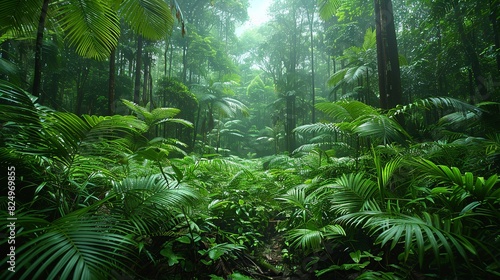 Tropical Forest, A wide shot of a tropical forest with tall trees, thick underbrush, and a variety of plants, creating a lush and humid environment. Realistic Photo,