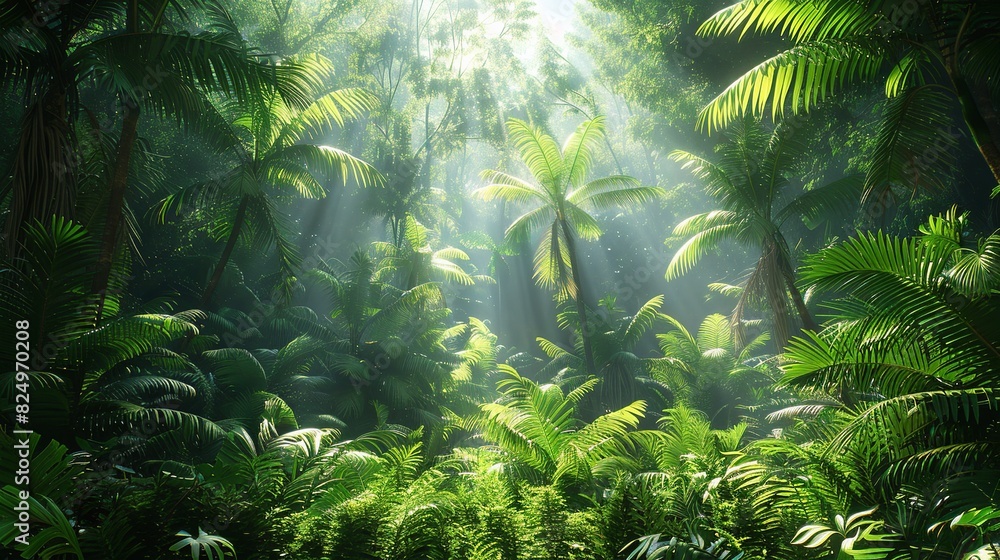 Tropical Forest, Bushes and undergrowth in a tropical forest, with sunlight filtering through the dense foliage, creating a serene and tranquil scene. Realistic Photo,