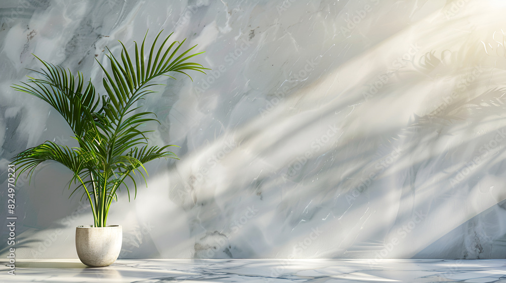 Modern minimal empty white marble stone counter table top, in sunlight, palm foliage leaf shadow on concrete wall background Modern minimal empty white marble stone counter table top, in sunlight, palm foliage leaf shadow on concrete wall background