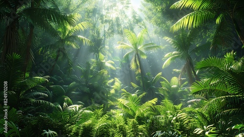 Tropical Forest, Bushes and undergrowth in a tropical forest, with sunlight filtering through the dense foliage, creating a serene and tranquil scene. Realistic Photo, photo