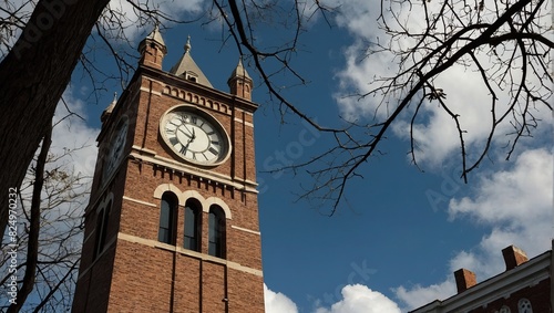 A clock tower on a tall brick building in an urban setting
