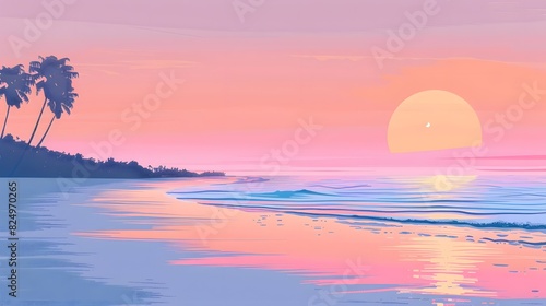 esign a vector graphic of a beach scene with a gradient sunset sky, transitioning from soft pastel hues to vivid oranges and pink photo