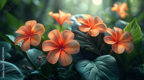 Tropical Forest, Close-up of delicate tropical flowers blooming among the dense undergrowth, with insects pollinating the vibrant petals. Realistic Photo, © DARIKA