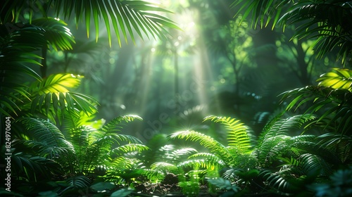 Tropical Forest  Detailed shot of tropical leaves and undergrowth  with sunlight filtering through the canopy  casting dappled light on the forest floor. Realistic Photo 