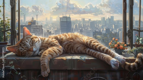 An overweight cat sleeping peacefully on a balcony, with a view of the city skyline in the background. photo