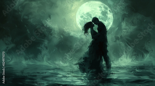 Silhouette of a couple kissing in moonlight over misty water, romantic fantasy scene