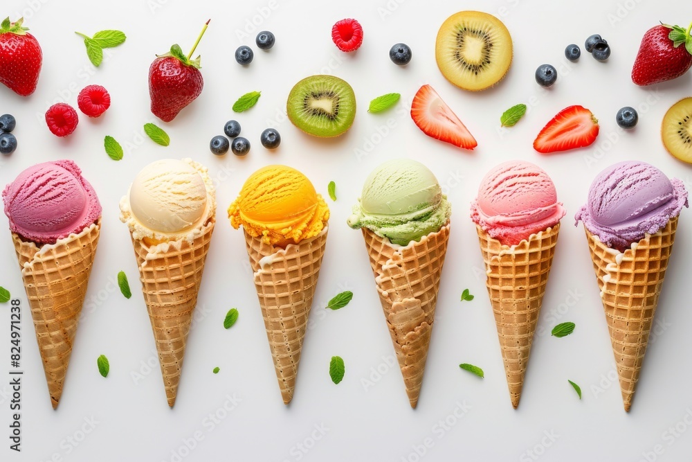 Assorted ice cream scoops with fruit flavors in crispy cones on white background top view Assorted ice cream scoops with fruit flavors in crispy cones on white background top view