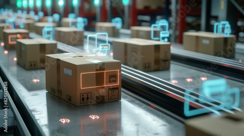 AI automatic recognition system reads boxes on the conveyor line in the warehouse, using holographic scanners for automated sorting.