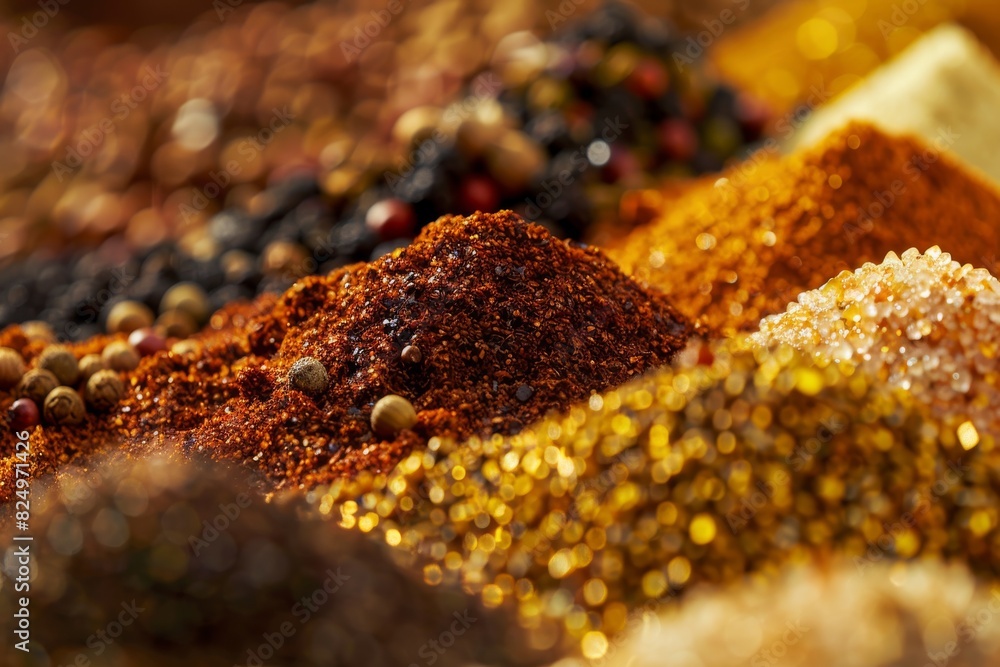 Up-close look at organic spices' textures, detailed examination in high magnification to reveal the unique features of natural ingredients, finely captured images Up-close look at organic spices' textures, detailed examination in high magnification to reveal the unique features of natural ingredients, finely captured images