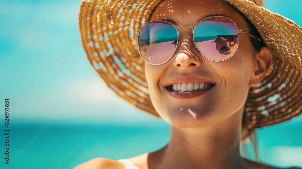 A woman wearing sunglasses and a straw hat stands on a sandy beach with the ocean in the background A woman wearing sunglasses and a straw hat stands on a sandy beach with the ocean in the background