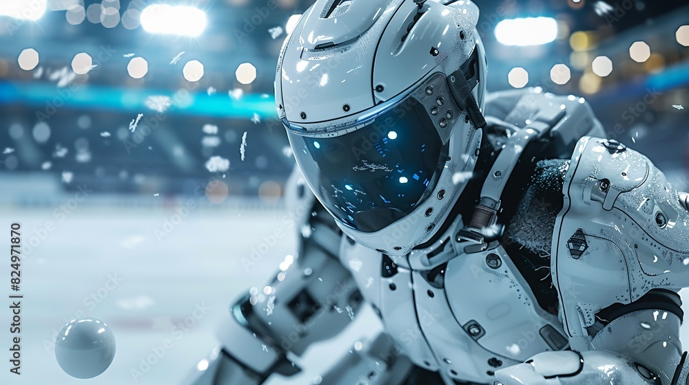 Close-up of a little robot ice hockey striker in action, shooting the puck with intense focus, stadium lights shining brightly Close-up of a little robot ice hockey striker in action, shooting the puck with intense focus, stadium lights shining brightly