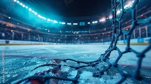 Close-up of a hockey net with fans roaring in the background, stadium lights creating a vibrant scene photo
