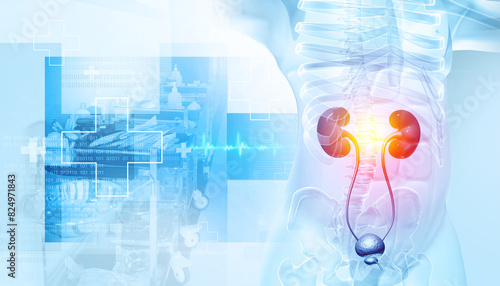 Human kidneys on scientific background, kidney disease. 3d illustration photo