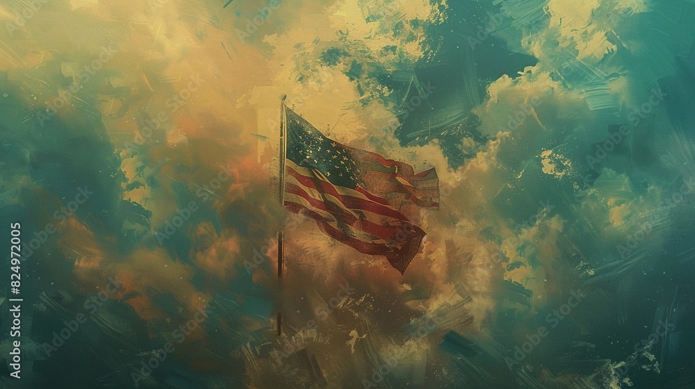 American flag depicted with a vintage touch, waving gently in the ...