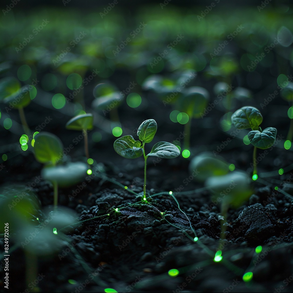 Close-up of young plant seedlings in dark soil with glowing green fibers, depicting growth and futuristic agriculture techniques. Close-up of young plant seedlings in dark soil with glowing green fibers, depicting growth and futuristic agriculture techniques.
