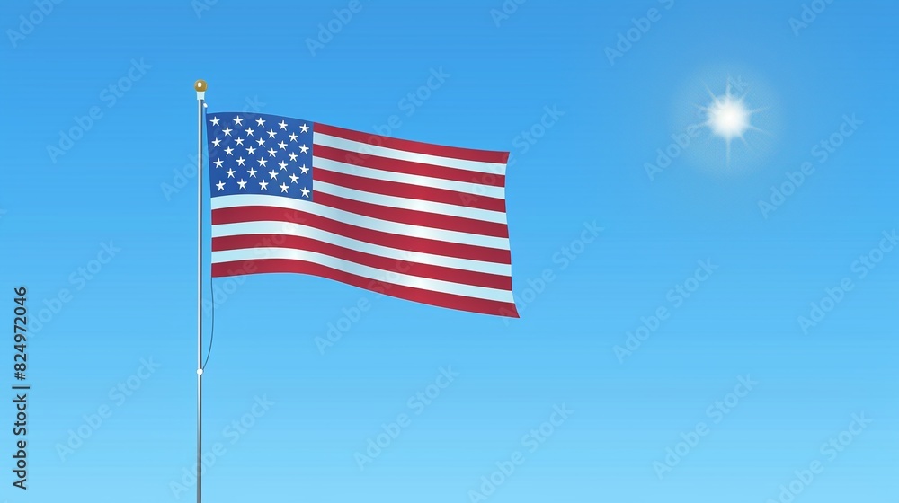 American flag waving gracefully against a clear blue sky, detailed stitching and vibrant colors