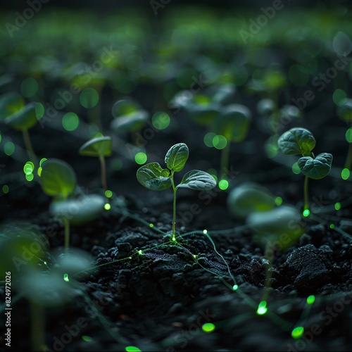 Close-up of young plant seedlings in dark soil with glowing green fibers, depicting growth and futuristic agriculture techniques.