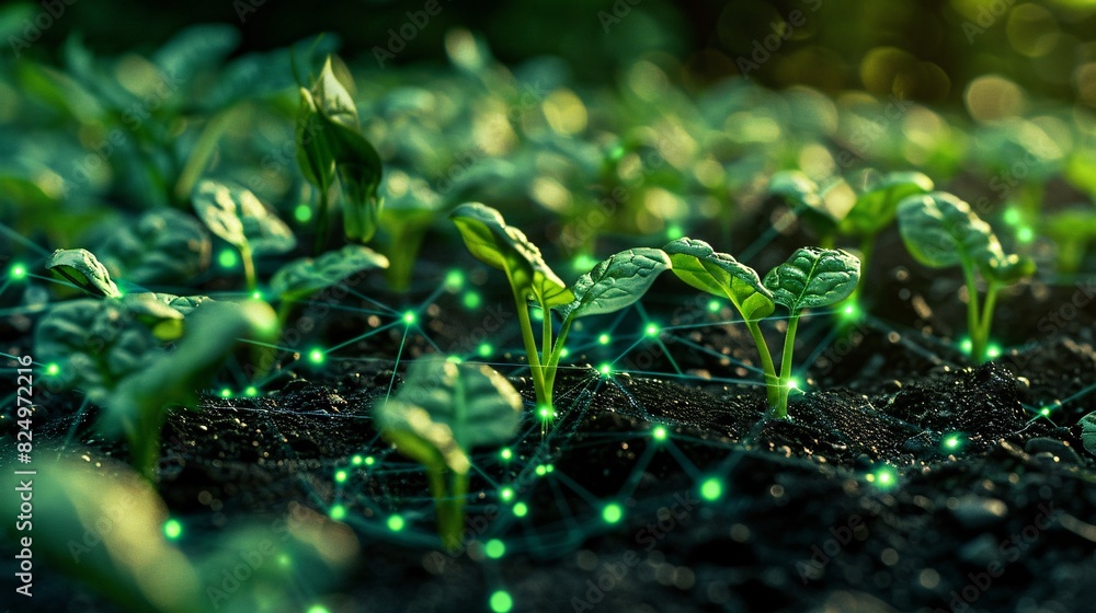 Close-up of young plant seedlings in soil with green digital connections, highlighting technology in agriculture. Close-up of young plant seedlings in soil with green digital connections, highlighting technology in agriculture.