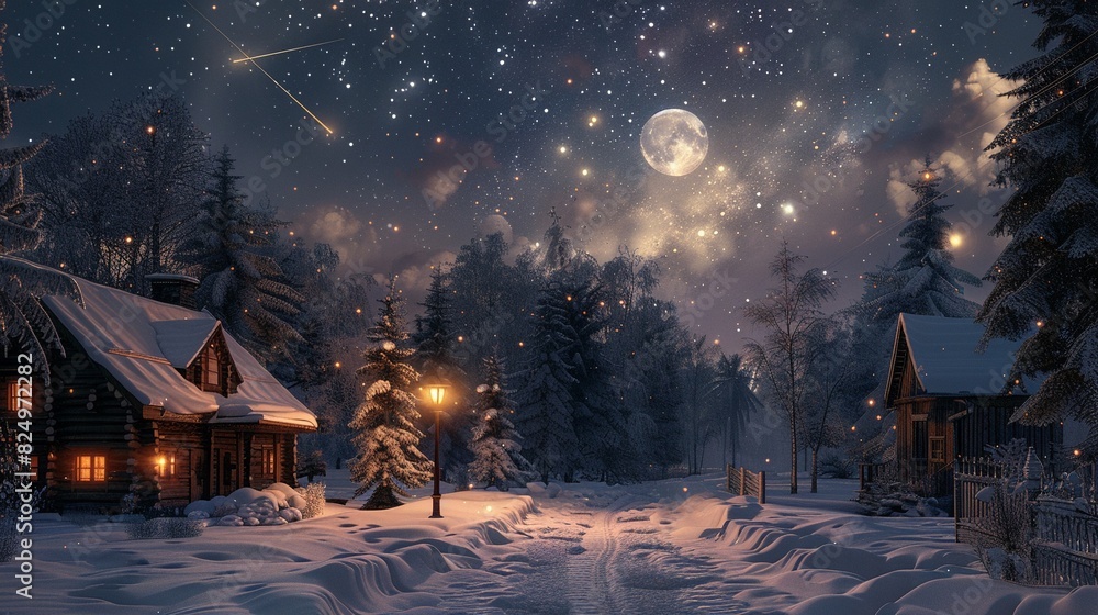 Naklejka premium Christmas lamp illuminating a snowy village street, the moon peeking through the clouds, a shooting star trailing across the night sky