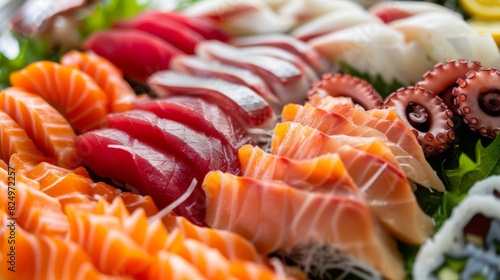 Delicate slices of sashimi arranged beautifully on a platter, showcasing fresh tuna, salmon, yellowtail, and octopus.