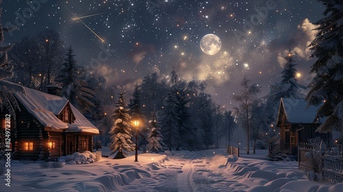 Christmas lamp illuminating a snowy village street, the moon peeking through the clouds, a shooting star trailing across the night sky