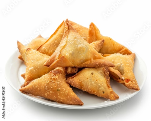 A plate of samosas, crispy pastry filled with spiced potatoes and peas, Fujifilm XT3, soft focus, 55mm lens, f29, Cinematic 32k, isolated on white  background.