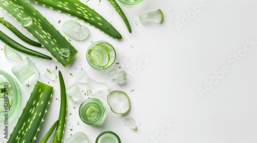 Fresh Slice Aloe Vera in glass iaolated on white background and top view with copy space, useful herbal medicine for skin care and hair care and beauty products